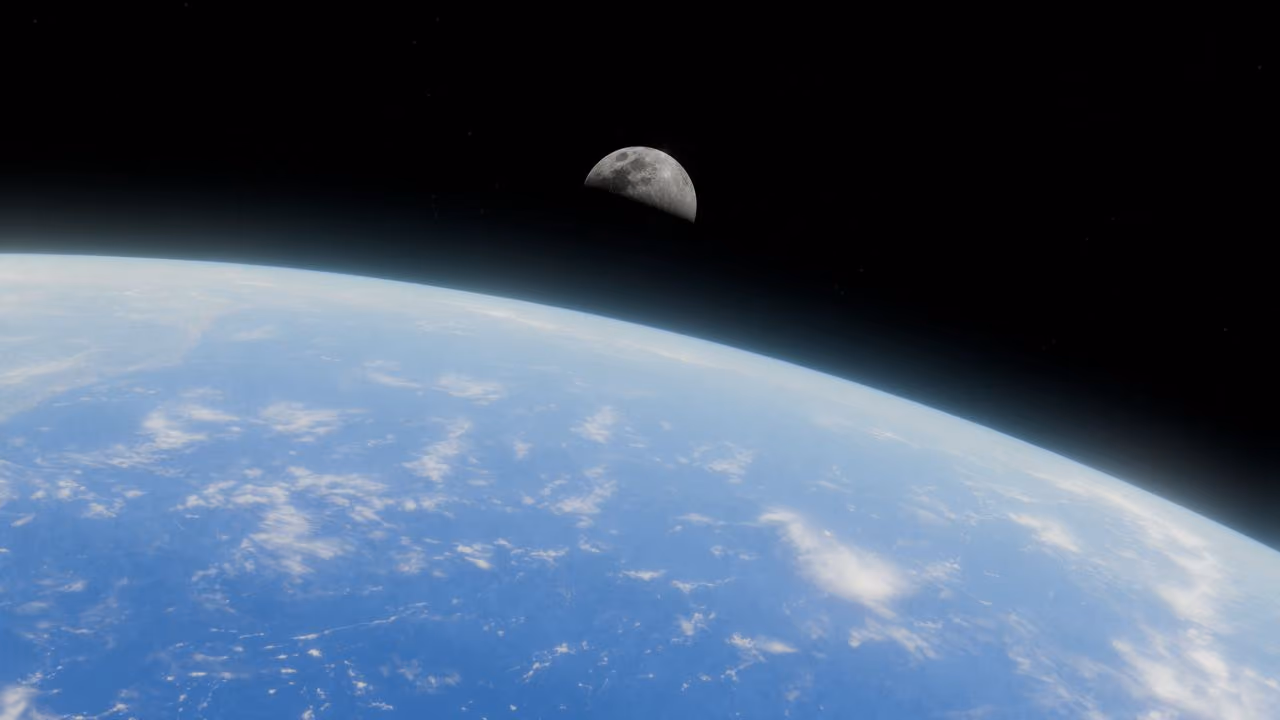 View of Earth from space with the Moon rising above the planet's curved horizon against a black sky.