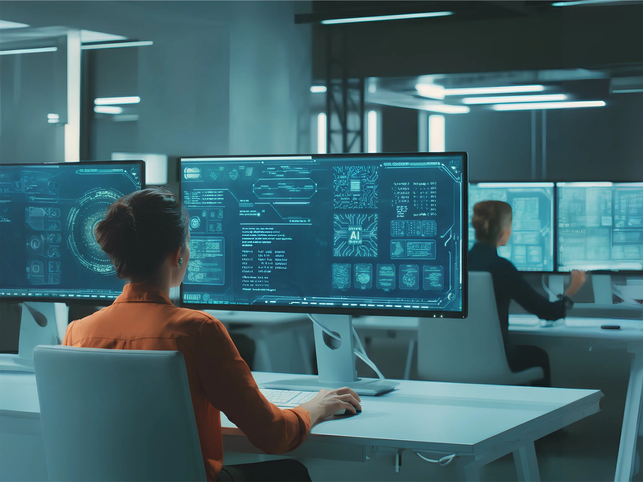 Software developer working across multiple monitors, illustrating distributed nearshore and offshore development teams.