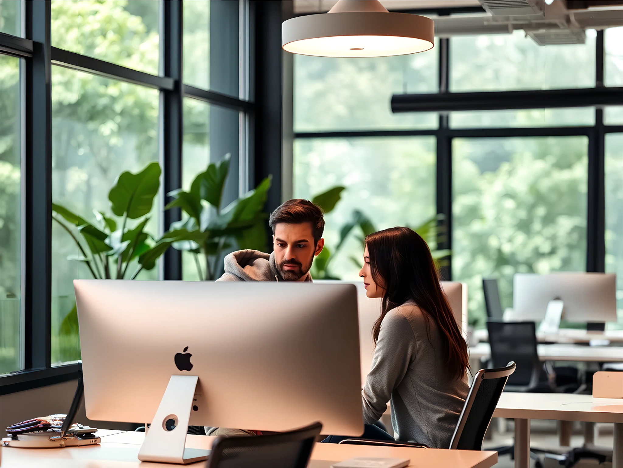 Two software professionals collaborate at a desktop computer in a modern office, illustrating custom software development.‍