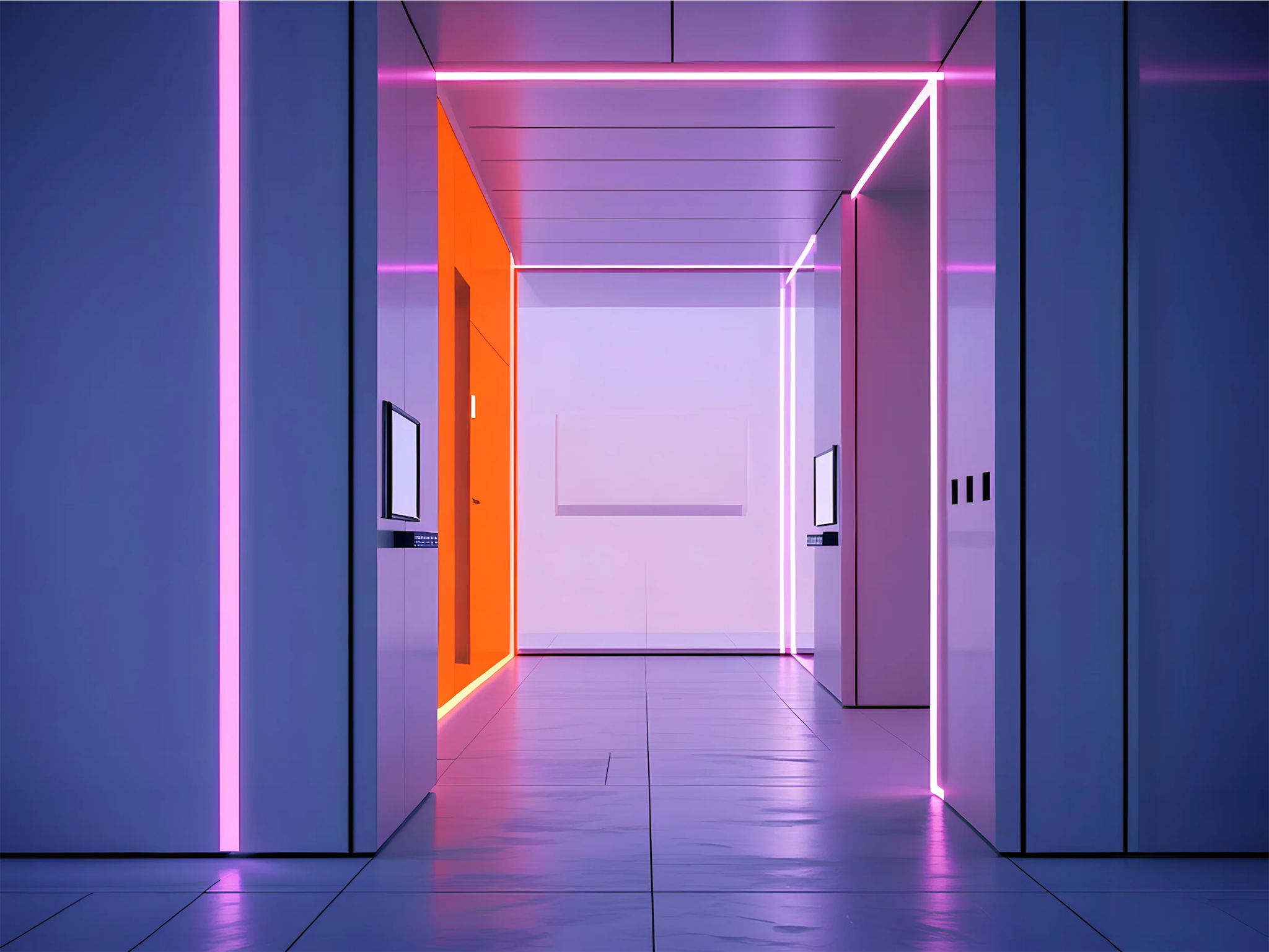 Futuristic office corridor with purple and pink lighting, representing technology-focused software development.