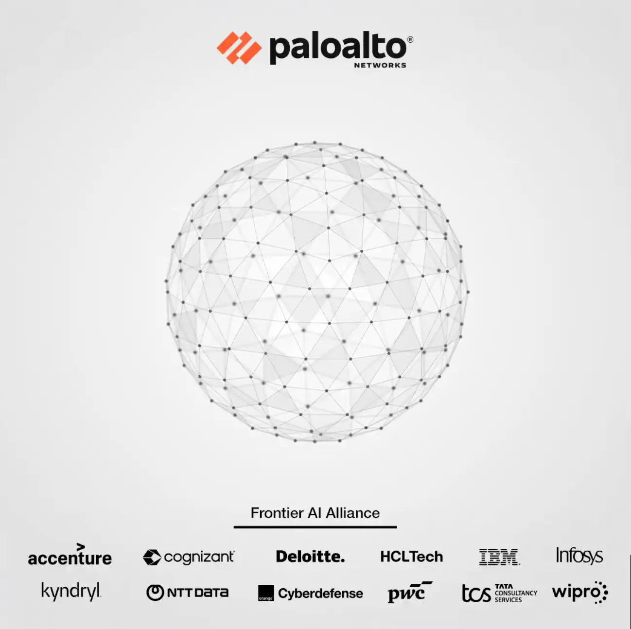 Palo Alto Networks Frontier AI Alliance graphic featuring a connected-network sphere and cybersecurity, cloud, consulting, and managed-services partners supporting enterprise AI security. Courtesy of Palo Alto Networks, 2026.