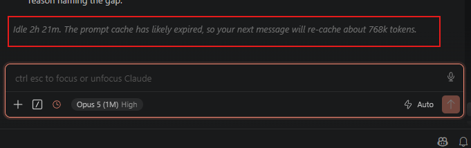Claude Code terminal showing a prompt cache expiry warning after sitting idle, estimating a re-cache of about 768k tokens.