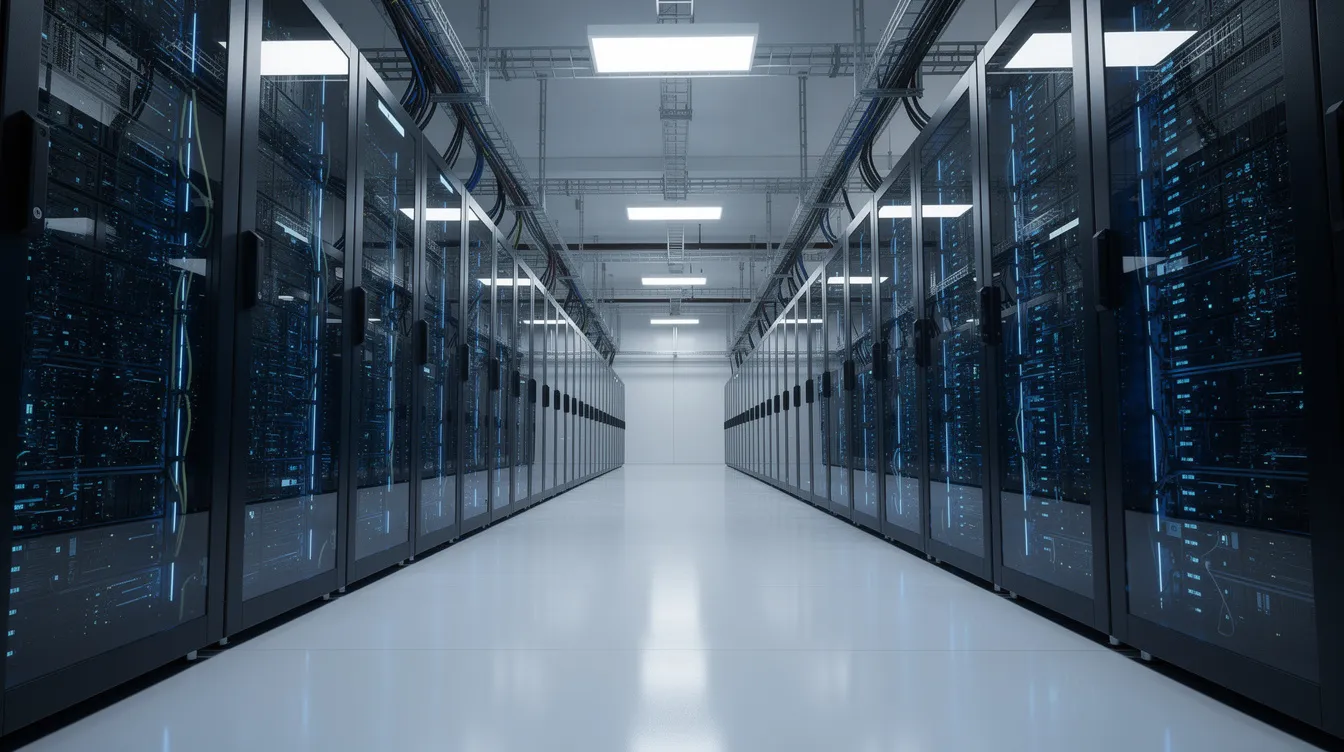 Modern enterprise data center with server racks, illustrating legacy infrastructure modernization, cloud migration, and scalable application hosting.