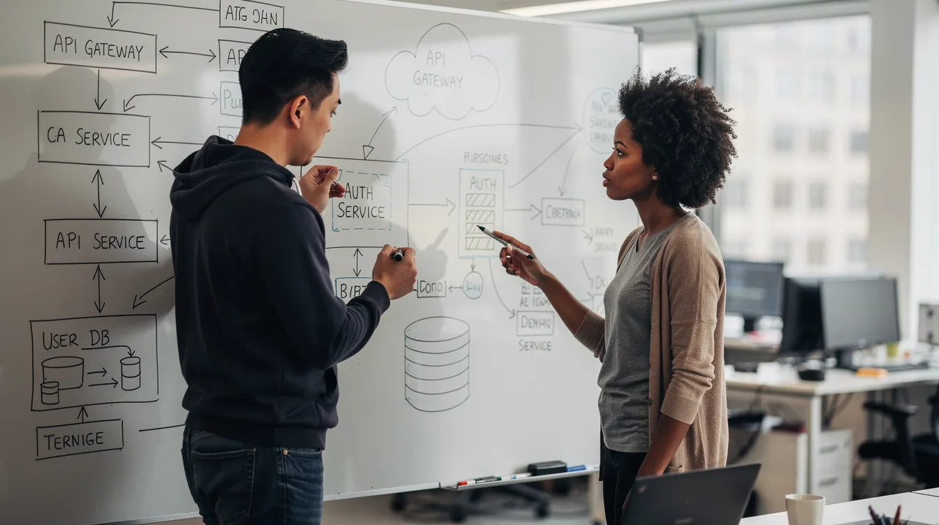 Software engineers designing an API-first application architecture on a whiteboard, with API gateway, authentication service, database, and microservices diagrams for legacy application modernization.
