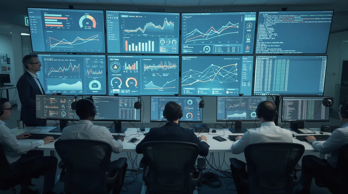 Engineering operations team monitoring application performance, system logs, and real-time analytics dashboards during a legacy application modernization rollout.