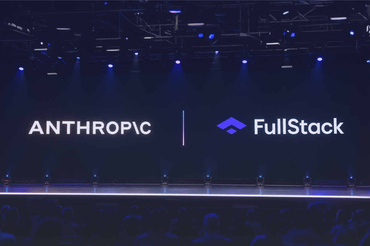 Anthropic and FullStack logos displayed together on a stage, representing FullStack’s Anthropic Certified status and Claude enterprise AI expertise.