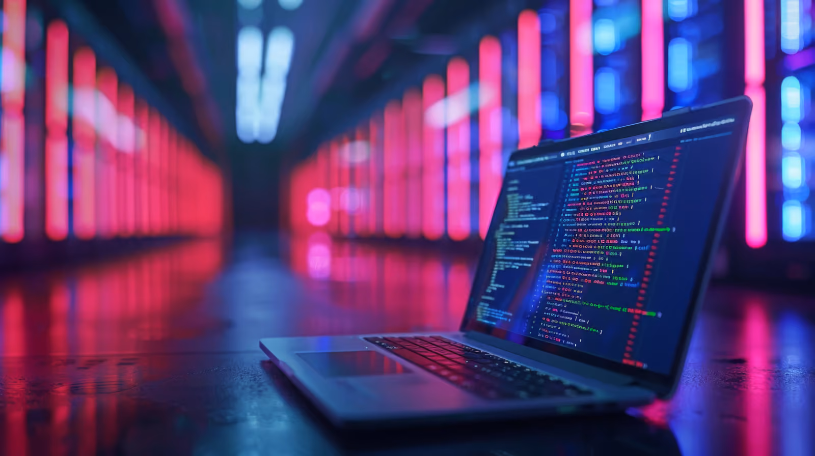 Laptop displaying code in a data center with pink and blue neon server lights, illustrating AI coding and agentic workflows with Gemini 3.8 Flash