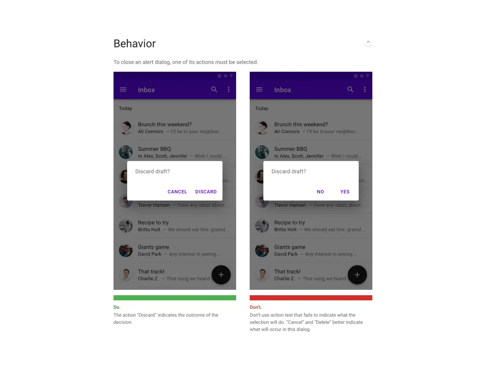 Side-by-side Material Design mobile screens comparing two versions of a dialog