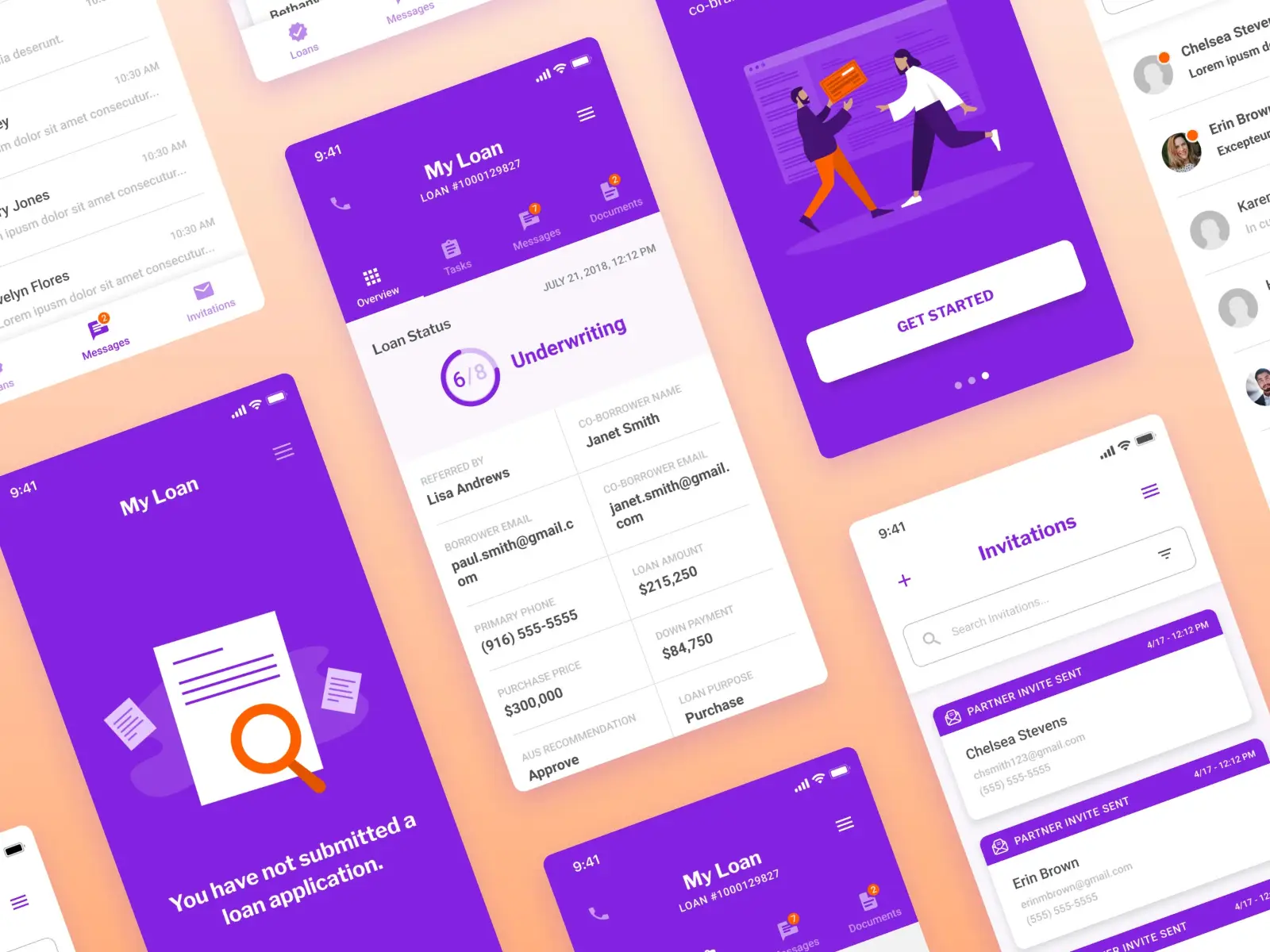 Collection of purple-themed mobile app screens built with Material Design components