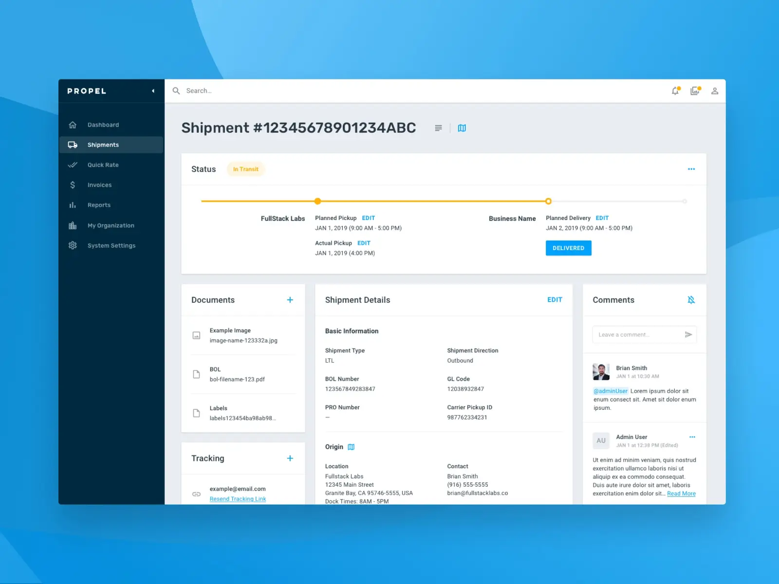 Desktop web app dashboard built with Material Design, showing a shipment detail view with cards and a side navigation menu