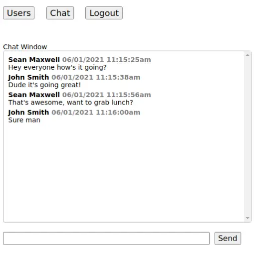 Sample app chat window showing a conversation between two users, with Users, Chat and Logout buttons