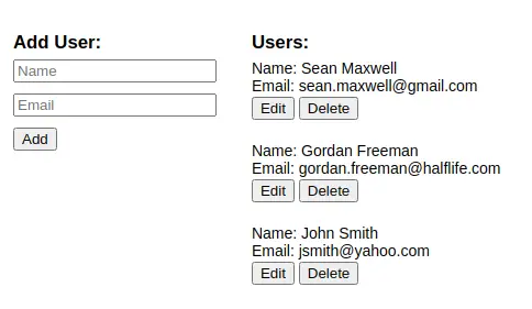 Sample app page with an Add User form and a list of users with Edit and Delete buttons