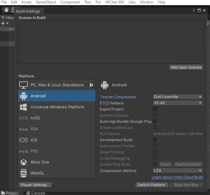 switch unity build settings to android