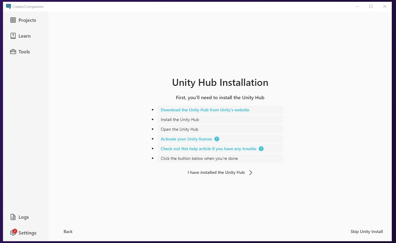 unity hub installation through the vrchat creator companion