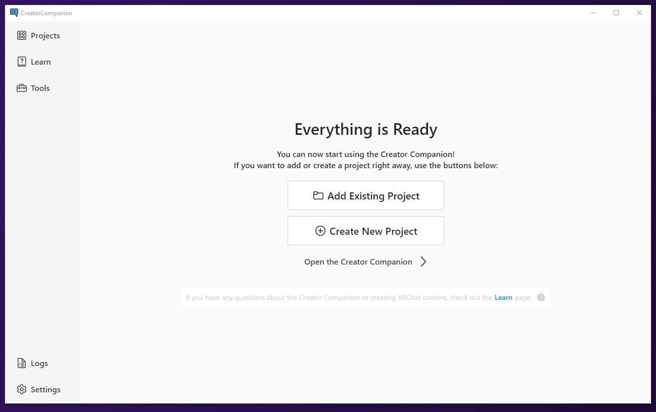 create new project with VRChat creator companion