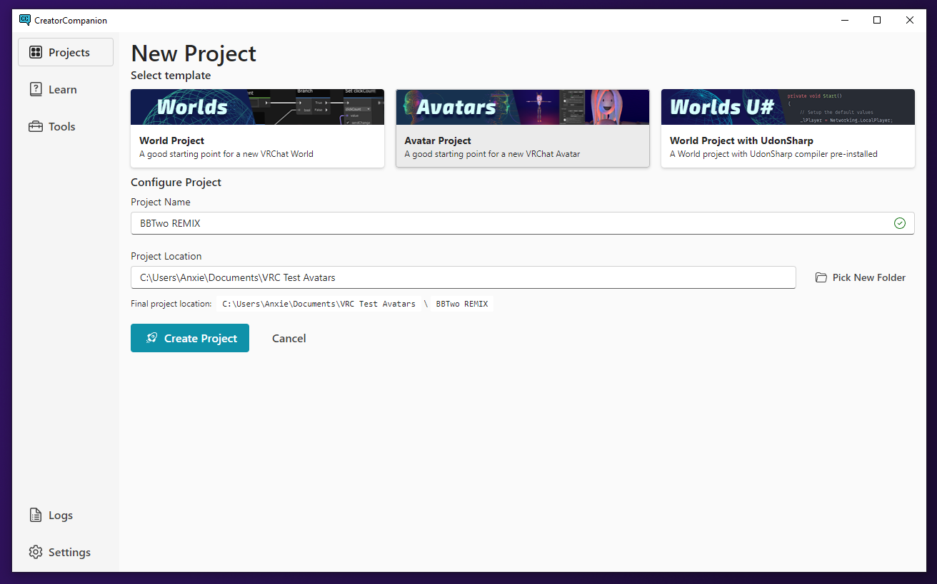 creating a new avatar project with vrchat creator companion