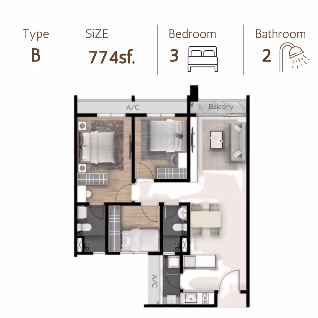 Thoughtfully designed and practical layouts of 168 Park Selayang. Type B 774sf with 3 bedrooms & 2 bathrooms & 1 balcony. Perfect for family.