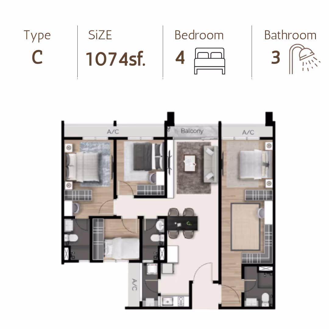 Thoughtfully designed and practical layouts of 168 Park Selayang. Type C 1074sf with 4 bedrooms & 4 bathrooms & 2 balcony. Perfect for family.