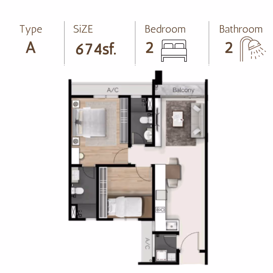 Thoughtfully designed and practical layouts of 168 Park Selayang. Type A 674sf with 2 bedrooms & 2 bathrooms & 1 balcony. Perfect for family.