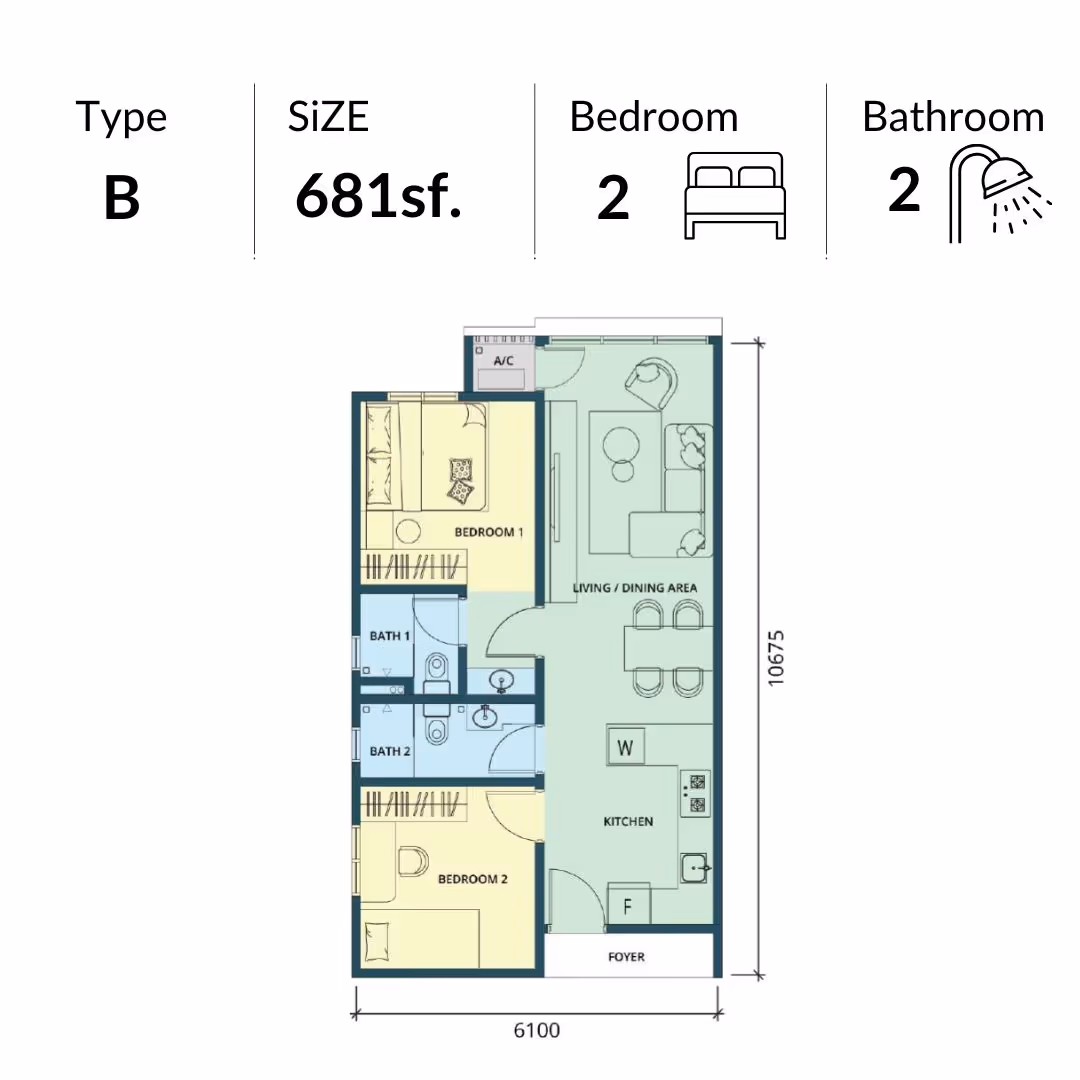 The Address JB Type C 865 square feet layout — 3 bedroom condo with 2 bathrooms in Johor Bahru