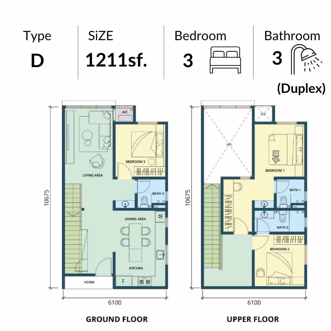 The Address JB Type C 865 square feet layout — 3 bedroom condo with 2 bathrooms in Johor Bahru