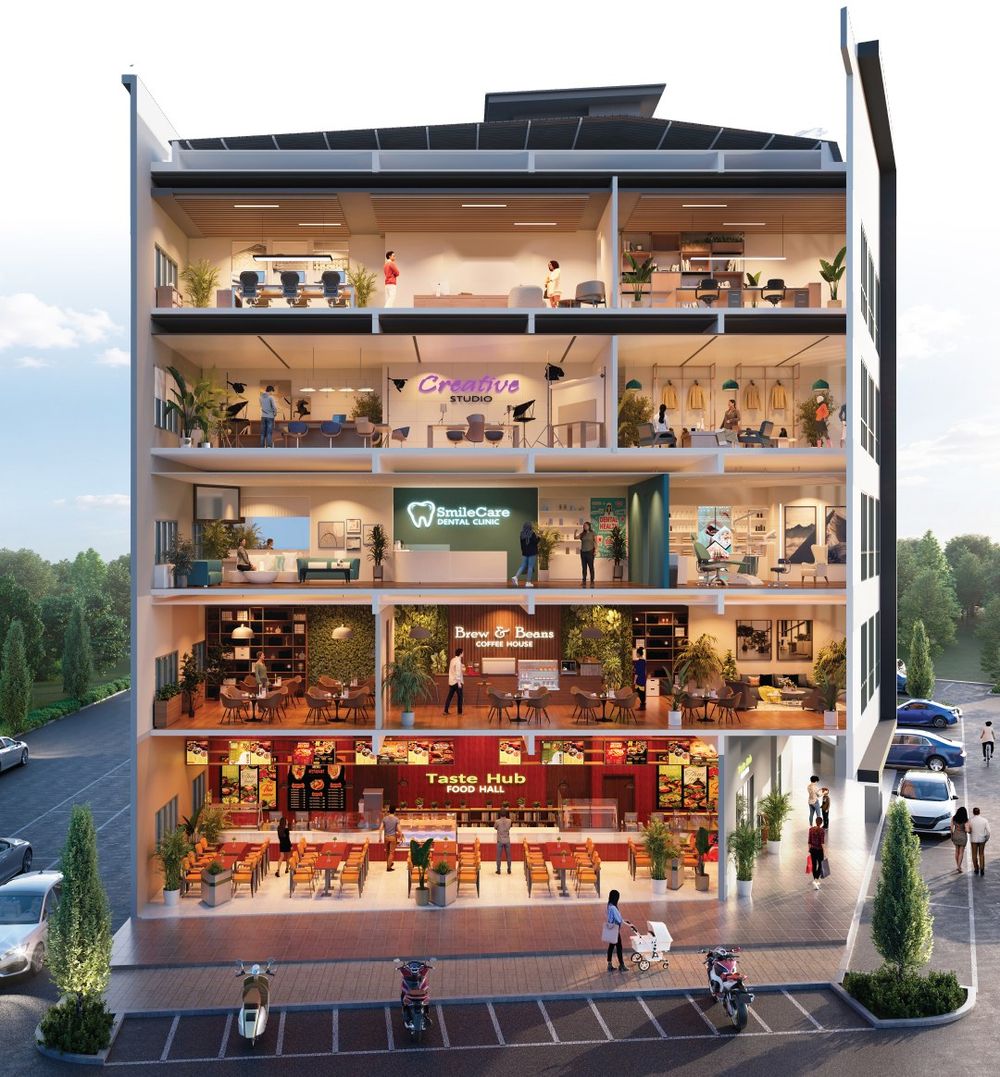 Cutaway artist's impression showing a studio, dental clinic and offices on upper floors