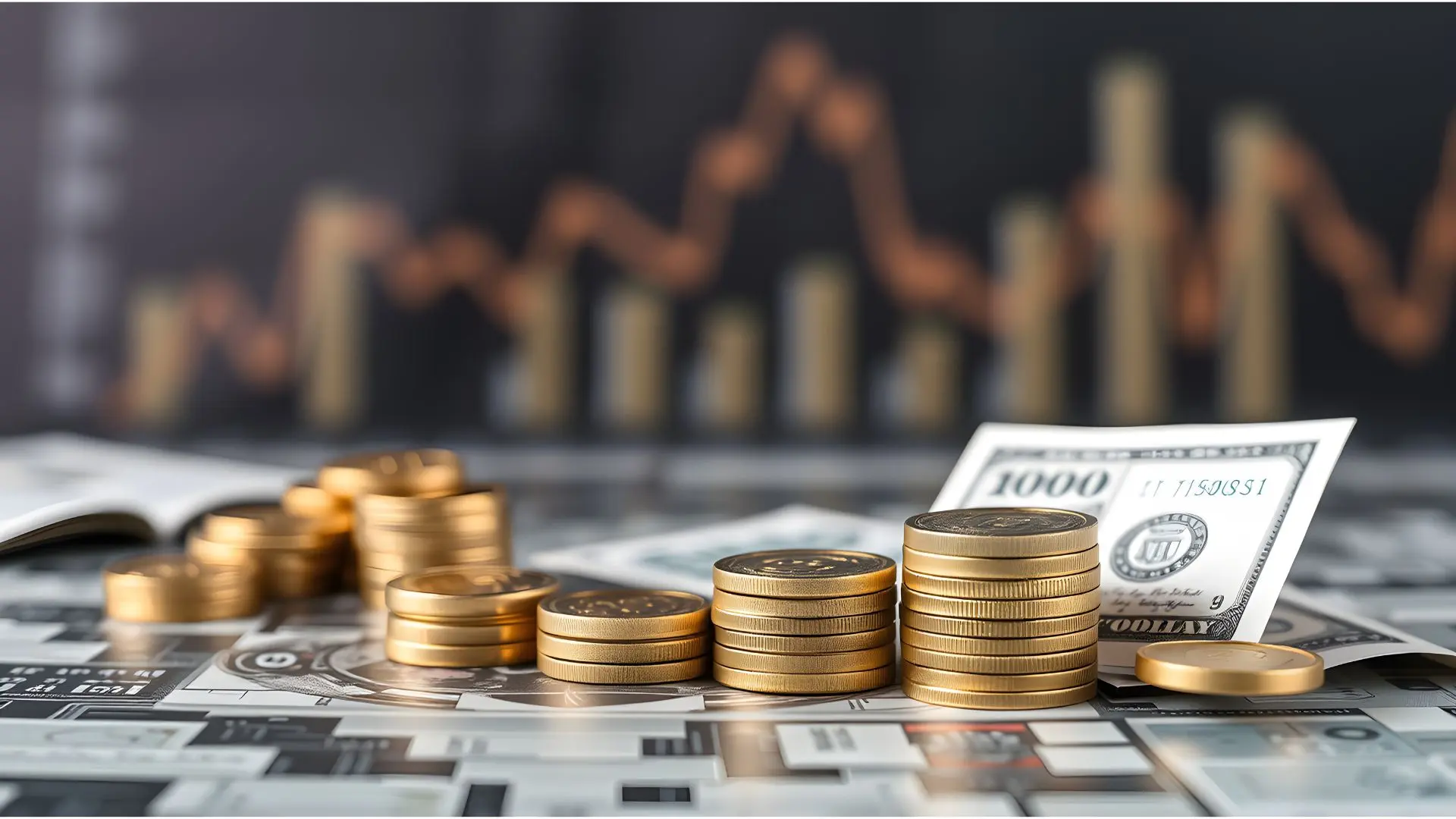 Rising stacks of golden coins forming a chart for commercial finance, capital growth, and financial analysis against blurred financial dashboards