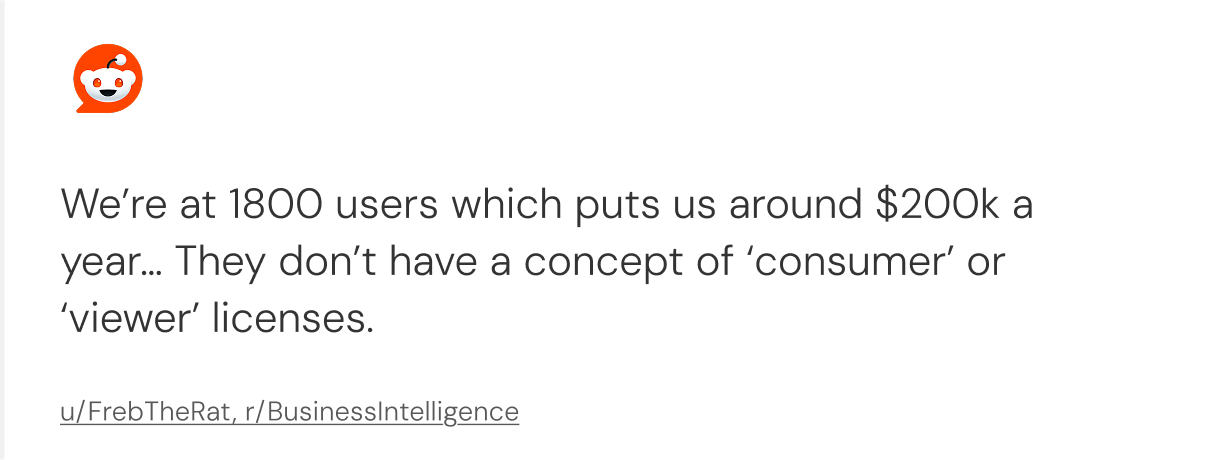 Reddit user discussing Metabase seat-based pricing challenges for embedded analytics