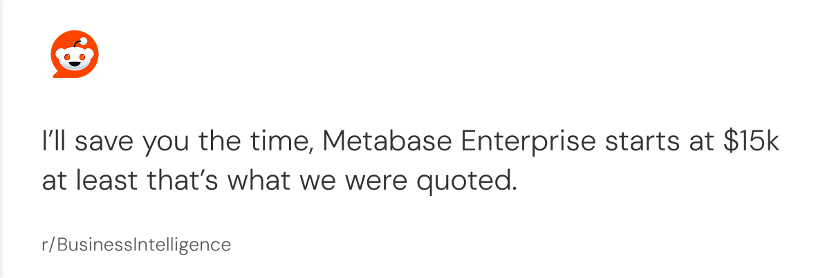 Reddit discussion on Metabase Enterprise pricing negotiation and seat-based cost concerns