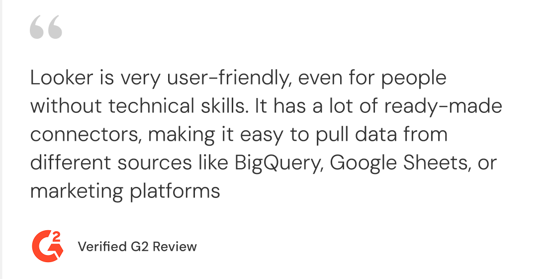 G2 verified review praising Looker's powerful LookML semantic layer and data modeling capabilities