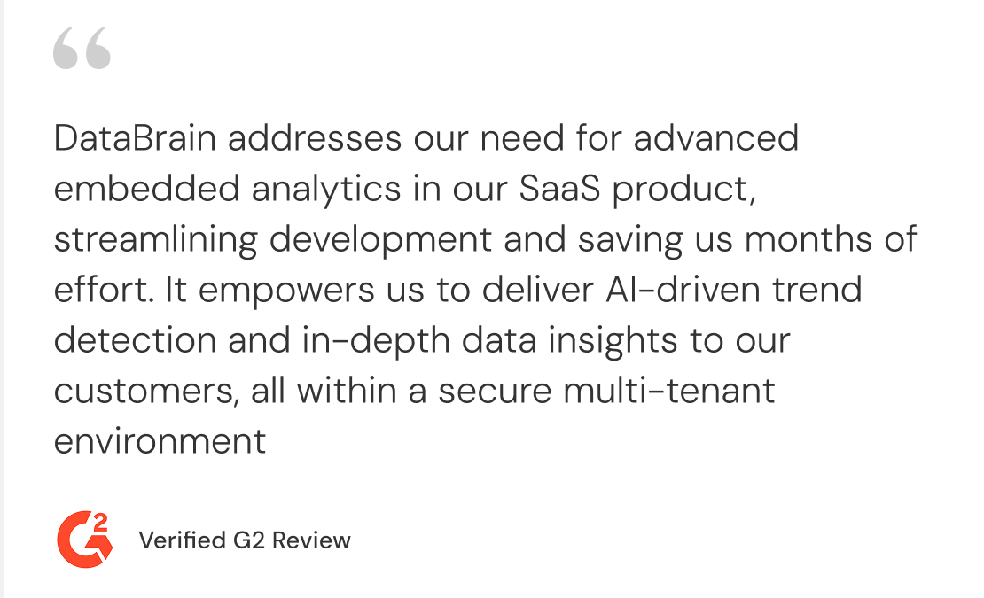 G2 verified review highlighting Databrain's responsive customer support and quick implementation time