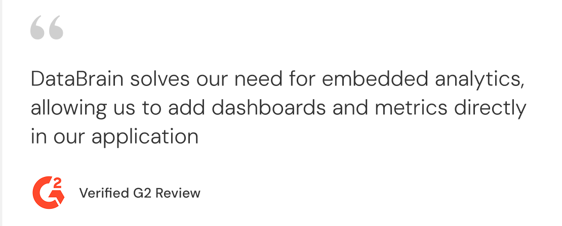 G2 verified review praising Databrain's ease of integration and customization for embedded analytics