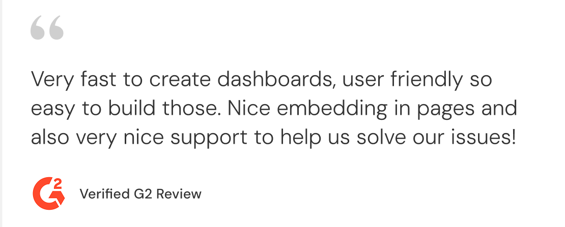 G2 verified review highlighting Luzmo's modern visualizations and excellent customer support