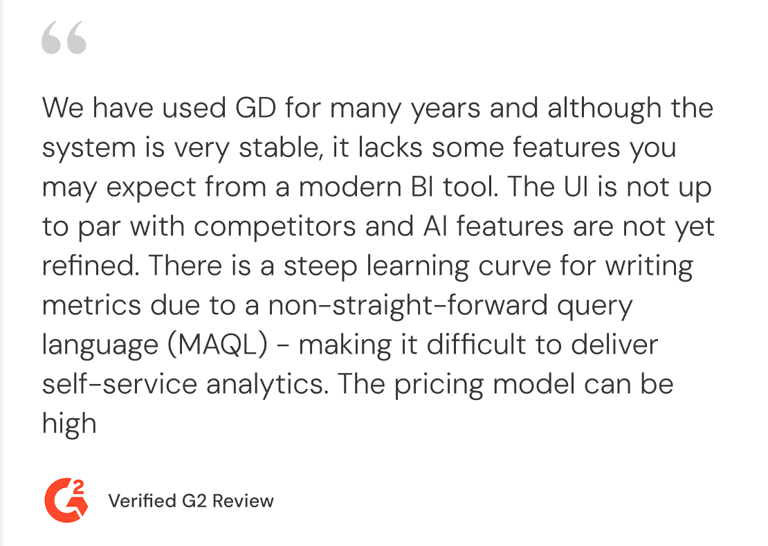 G2 verified review noting GoodData's complex setup and longer onboarding process