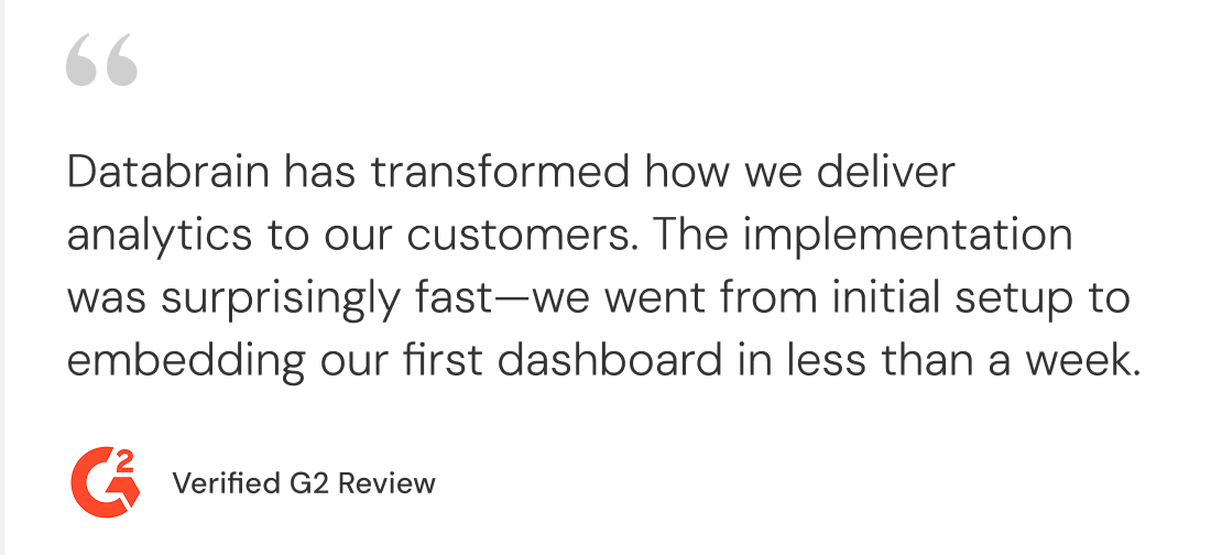 G2 verified review praising Databrain's ease of implementation and seamless integration capabilities