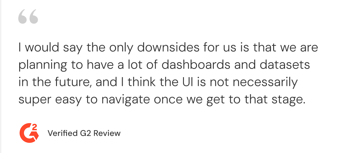 G2 verified review noting Luzmo's limited customization options compared to code-first platforms