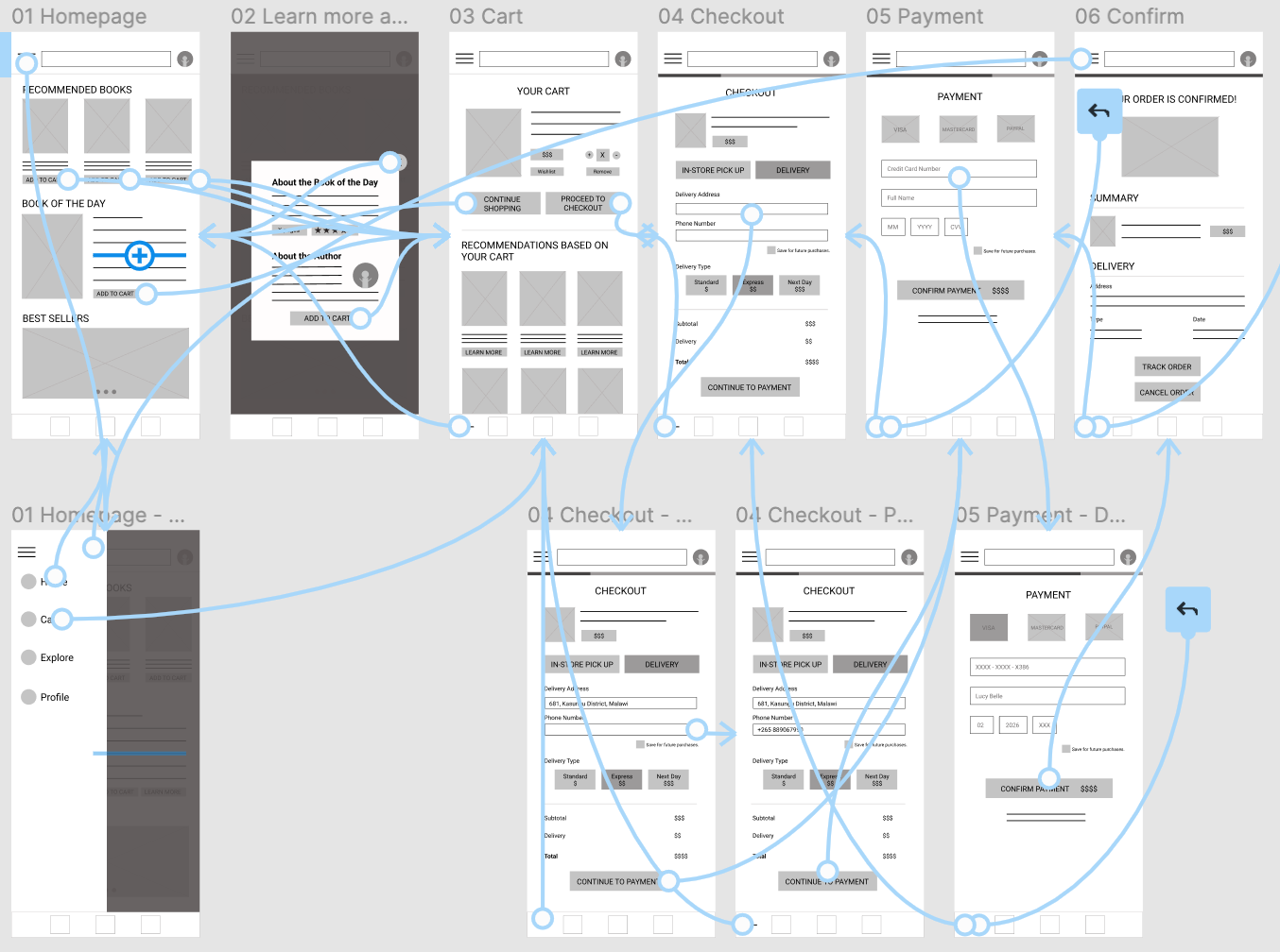 Screenshot of different screens connecting with each other in the low fidelity prototype