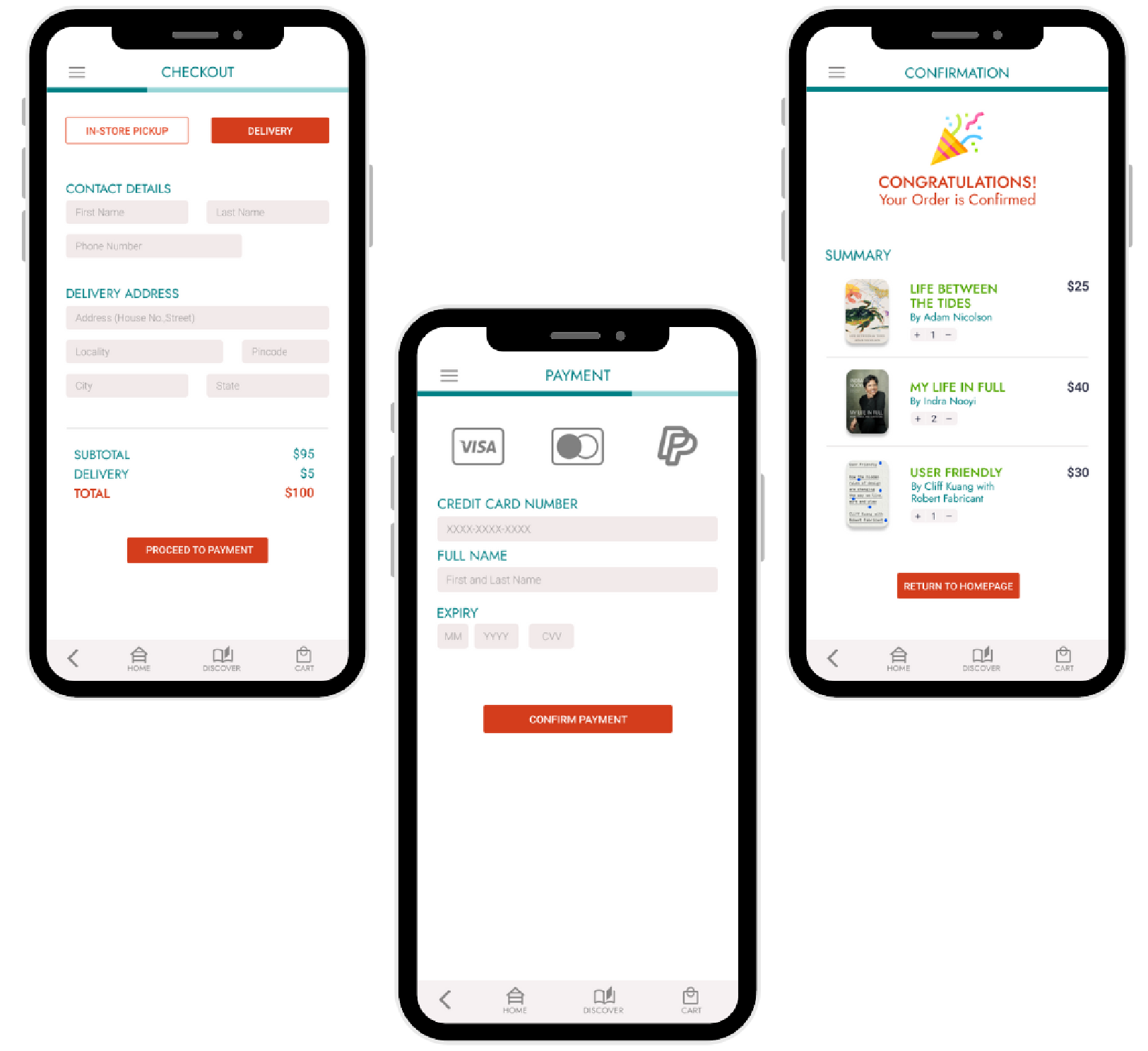 Grid of iPhones with the app's user interface of the checkout process