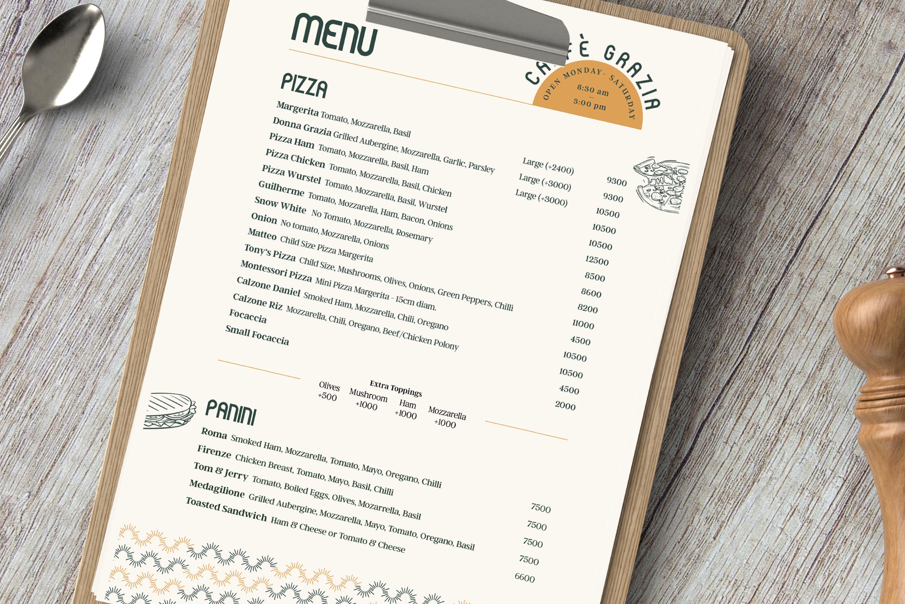 An Italian restaurant's printed off-white menu on a clipboard designed using green and yellow colors.