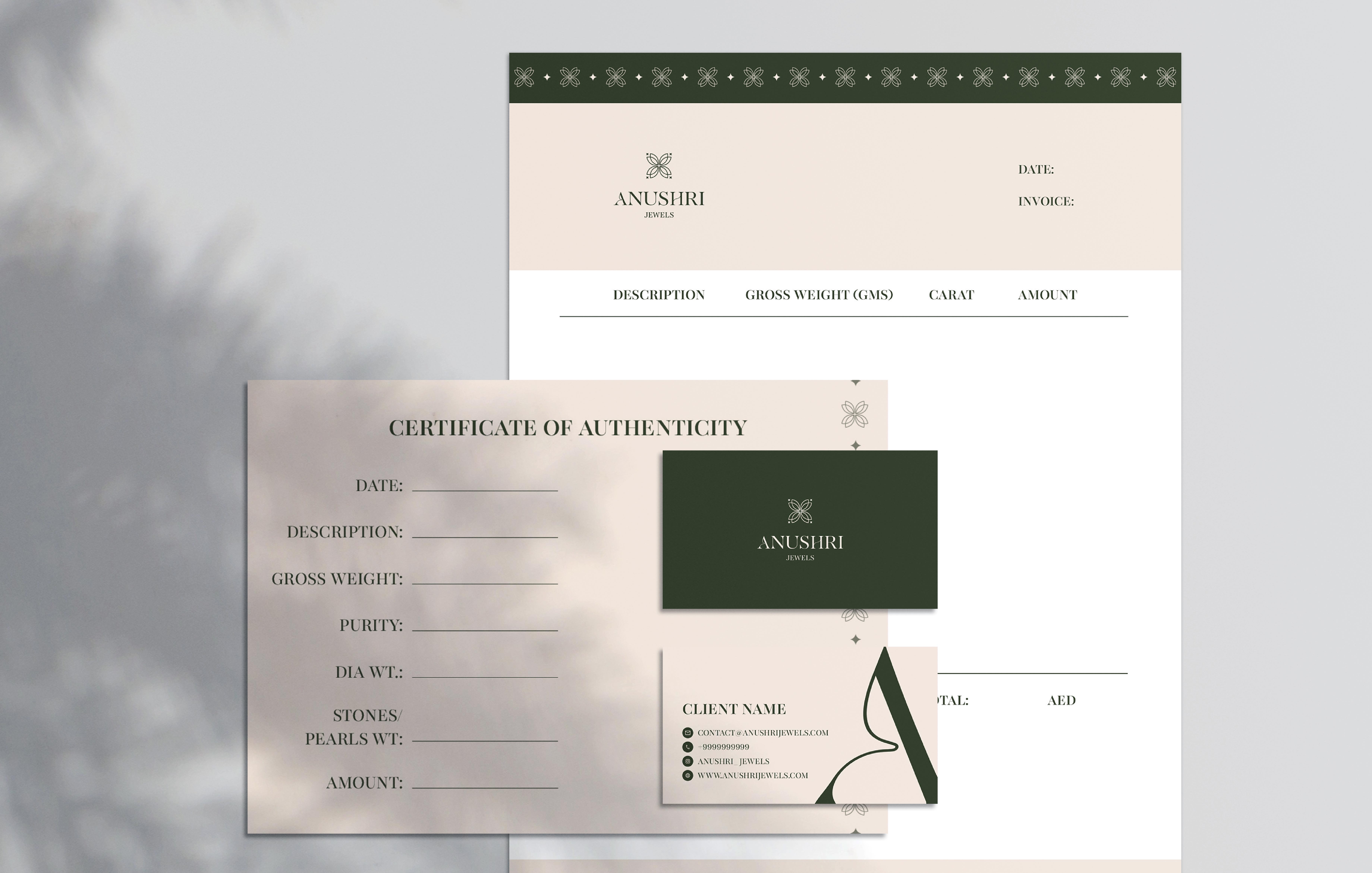 Stationary for a fine jewelry business including certificate, invoice and business card.