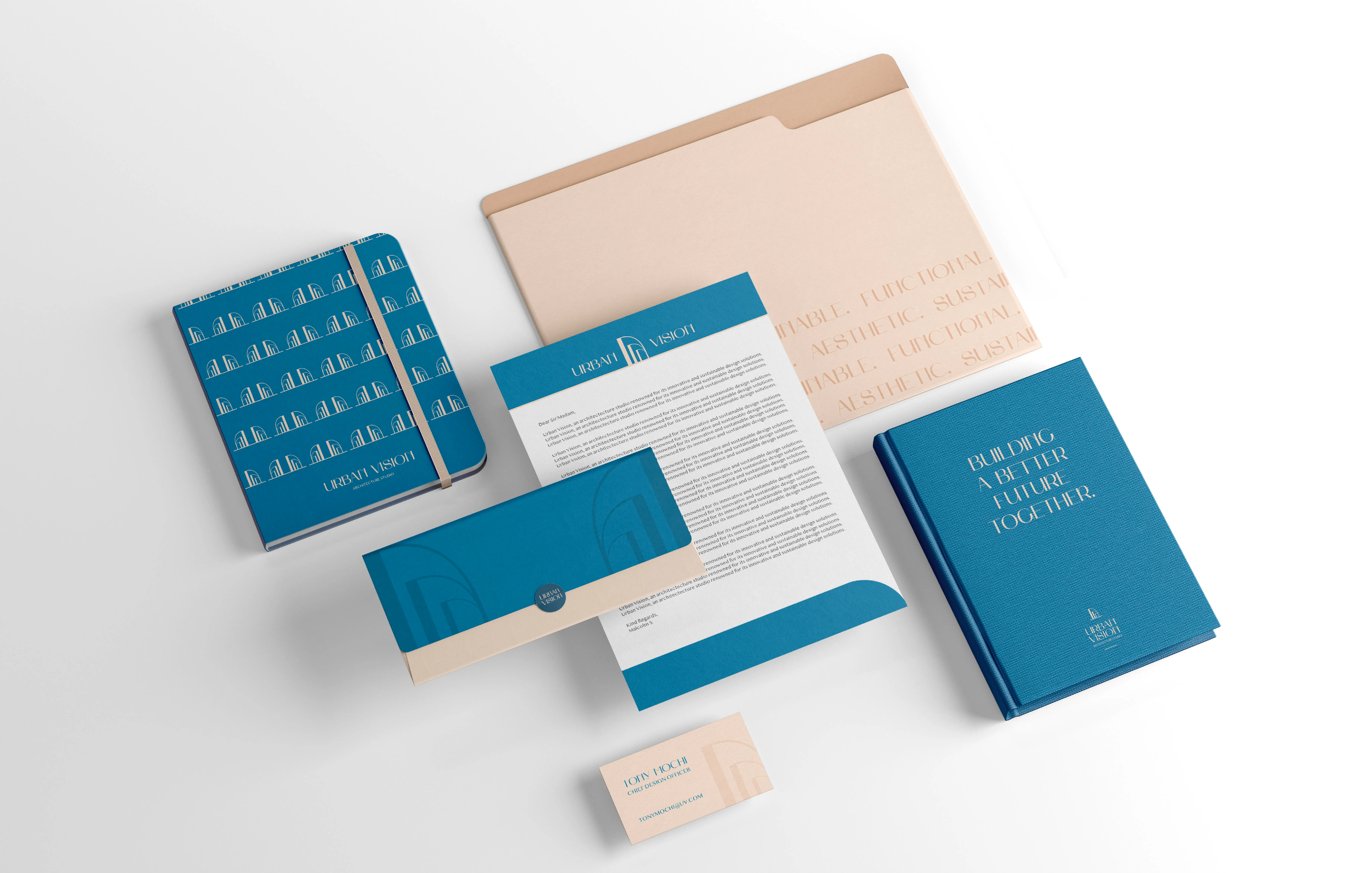 Stationary set of an architecture firm with business card, letter head, envelope, notebook