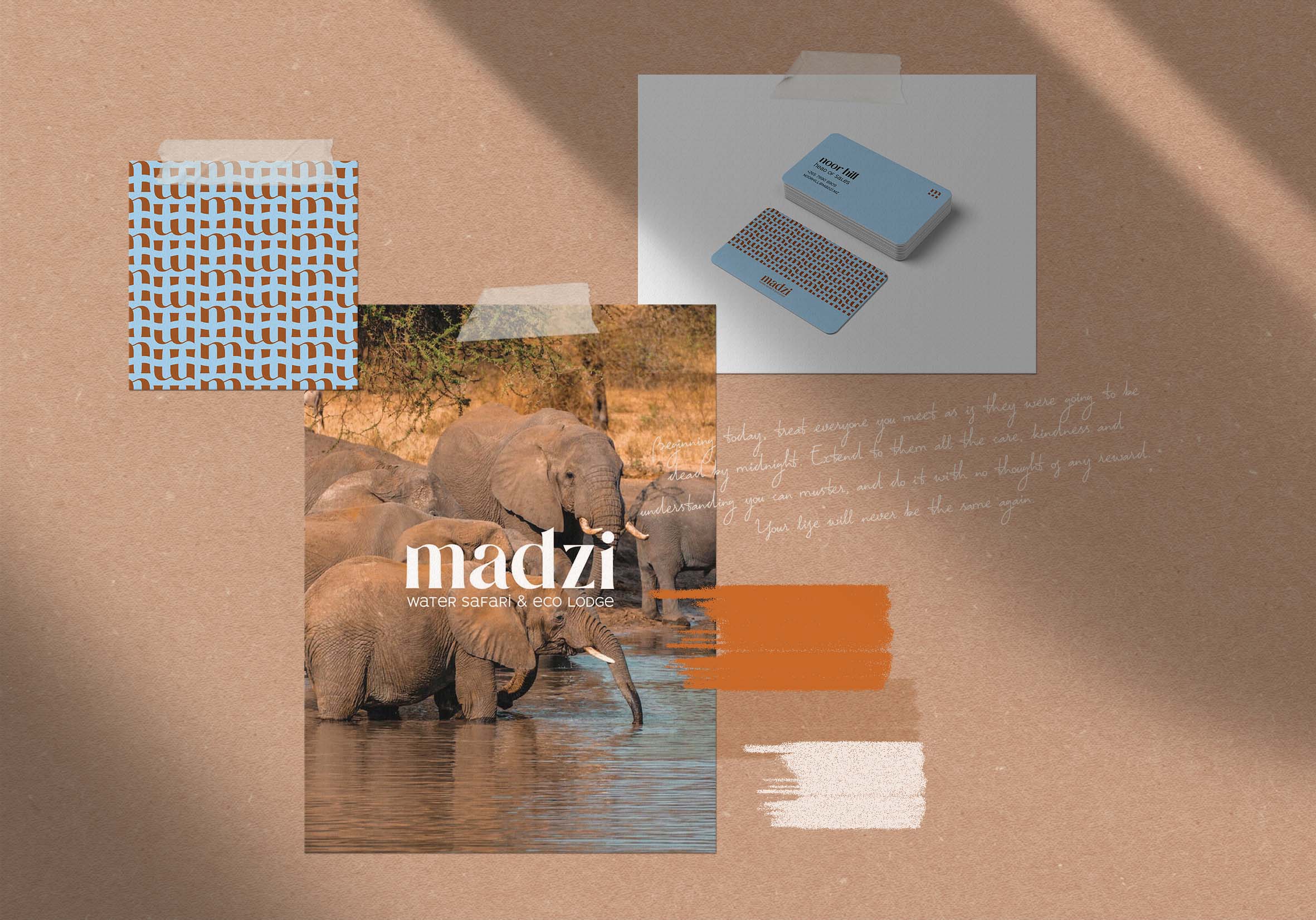 A moodboard with different aspects of brand identity such as the color palette, brand pattern, business card and logo.