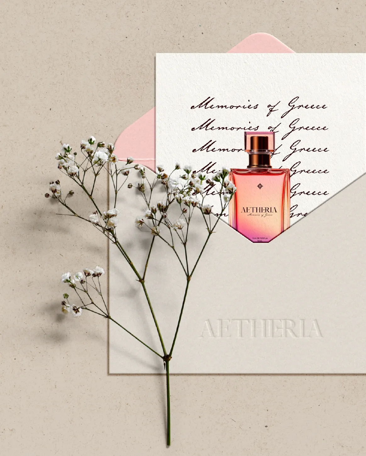 An embossed beige envelope with a thank you card for the purchase of a perfume inside it.
