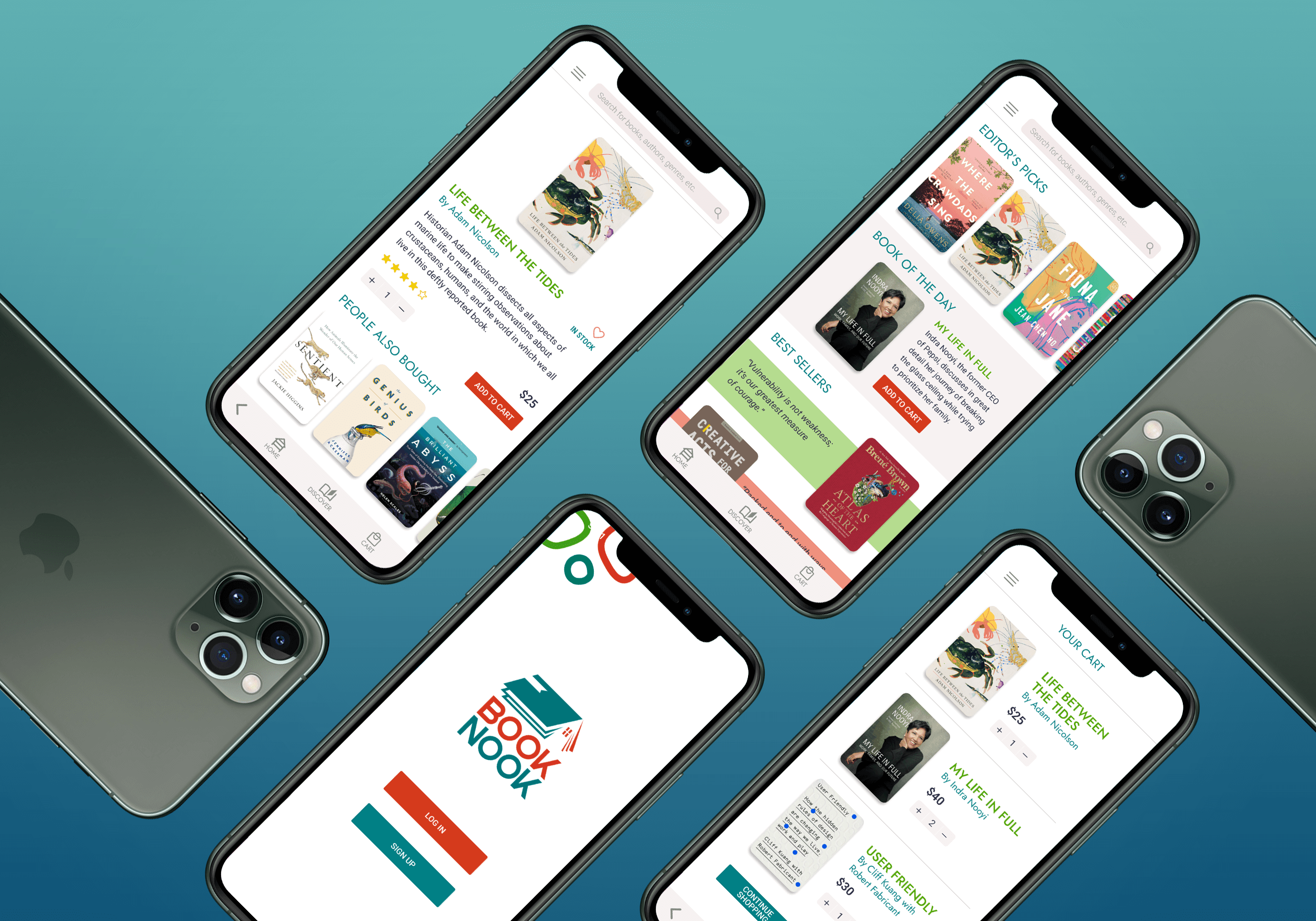 Multiple phone screens showing the UI of an app