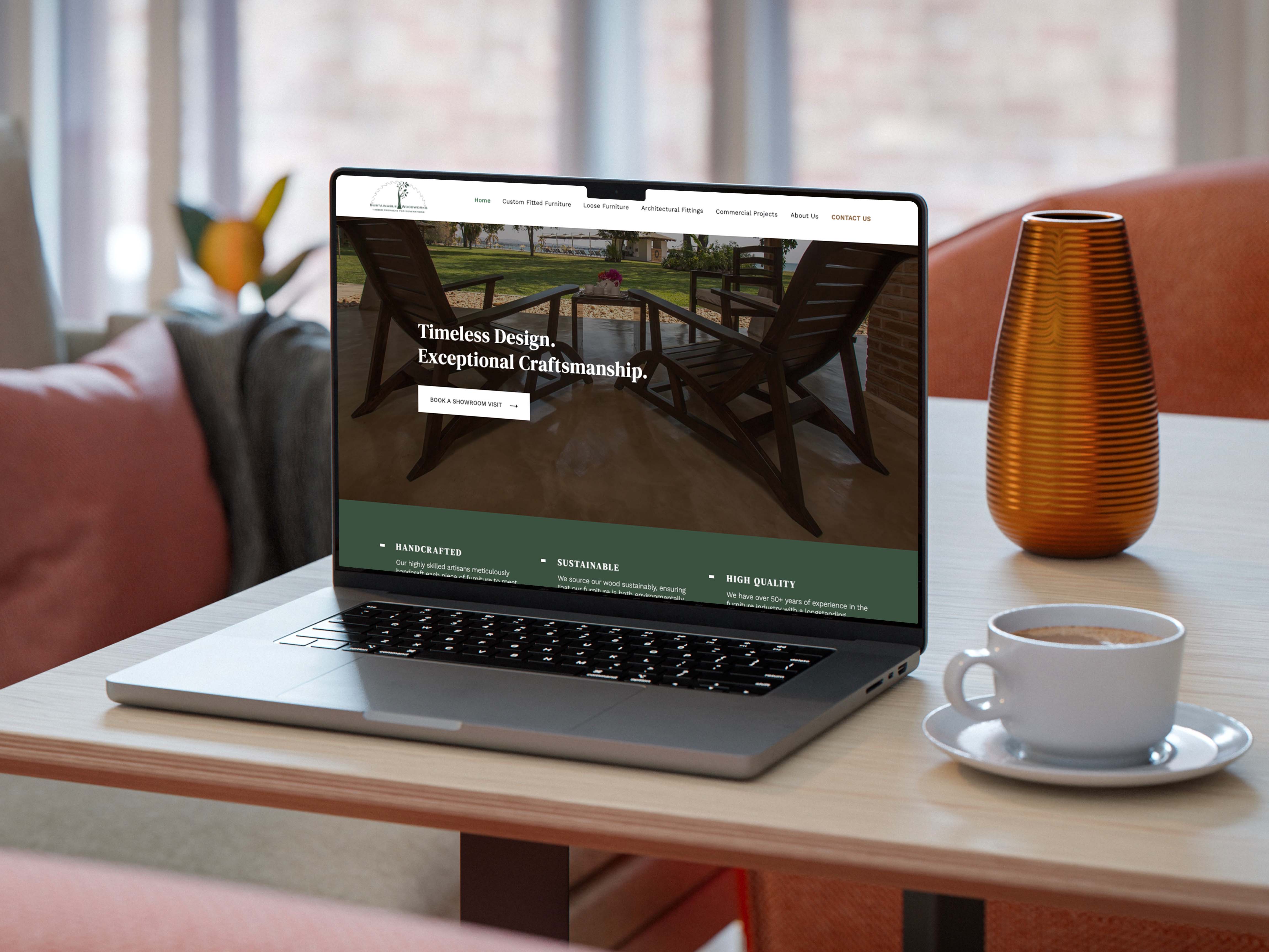 Homepage on a Laptop on a table with a cup of coffee
