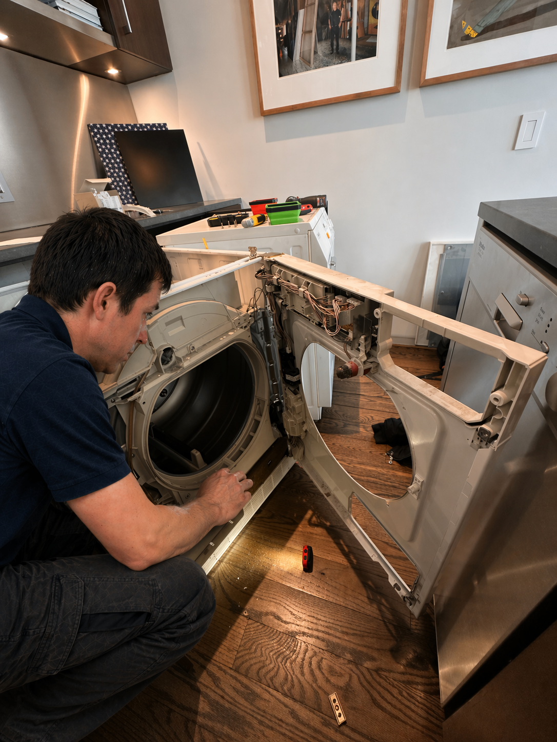 Technician repairing a disassembled dryer in a compact NYC apartment laundry closet
