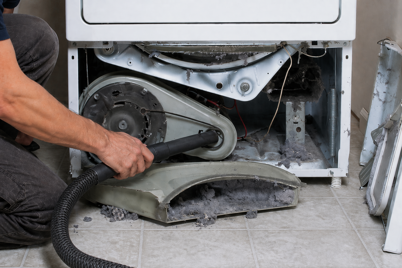 Technician vacuuming lint from inside a dryer