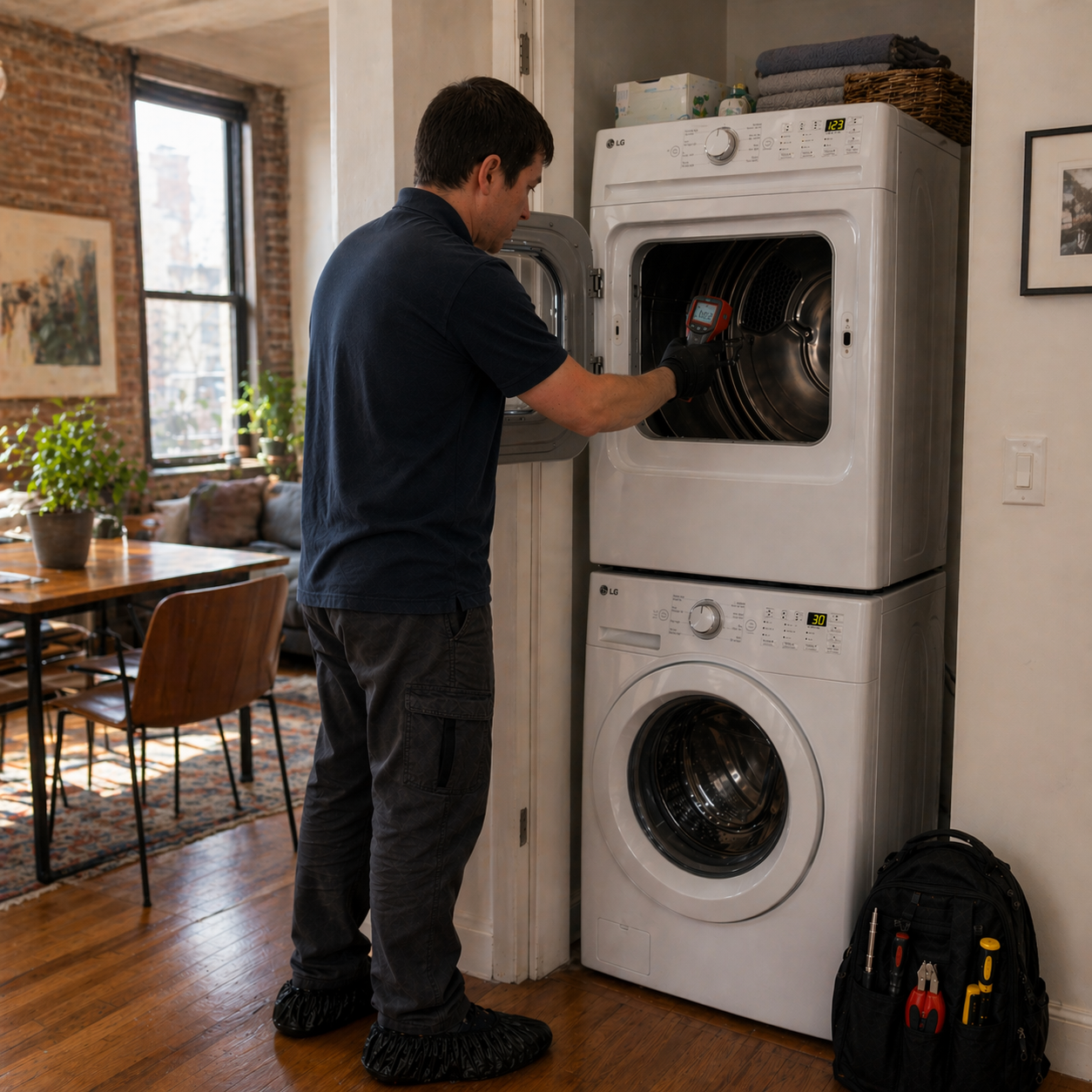 Technician checking a dryer's heat with an infrared thermometer