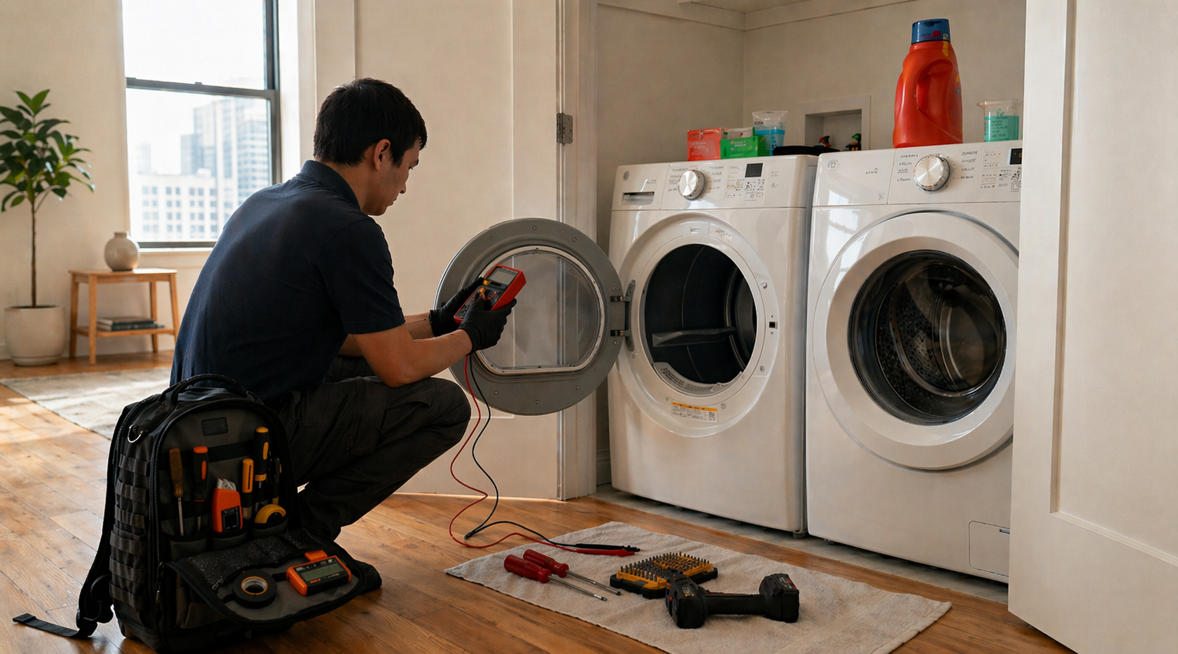Good Old Appliance Service technician testing a GE dryer with a multimeter
