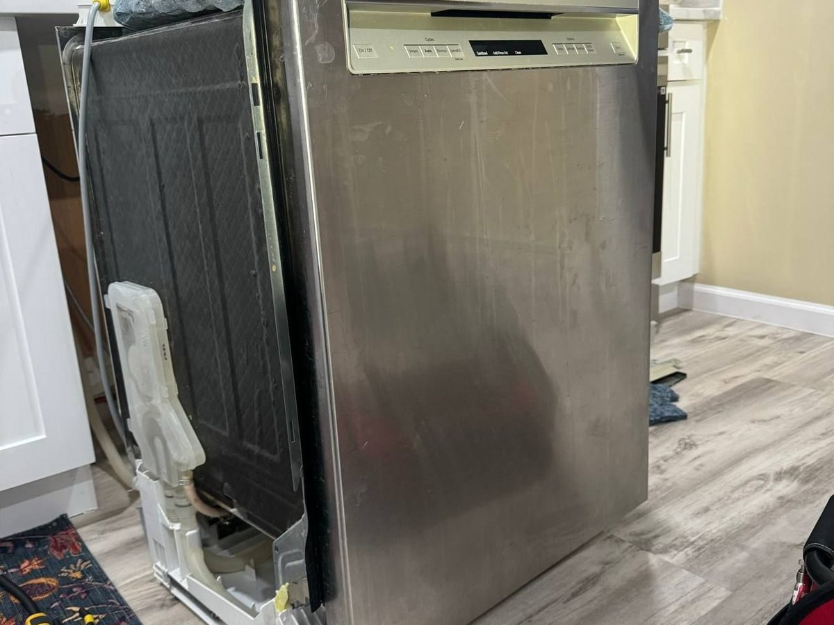 Bosch dishwasher pulled out of the counter for the 45-degree tilt
